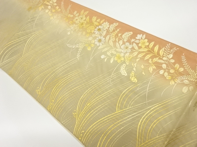 JAPANESE FUKURO OBI FOR SUMMER / EMBROIDERY / KINSAI / ROUGH WAVE